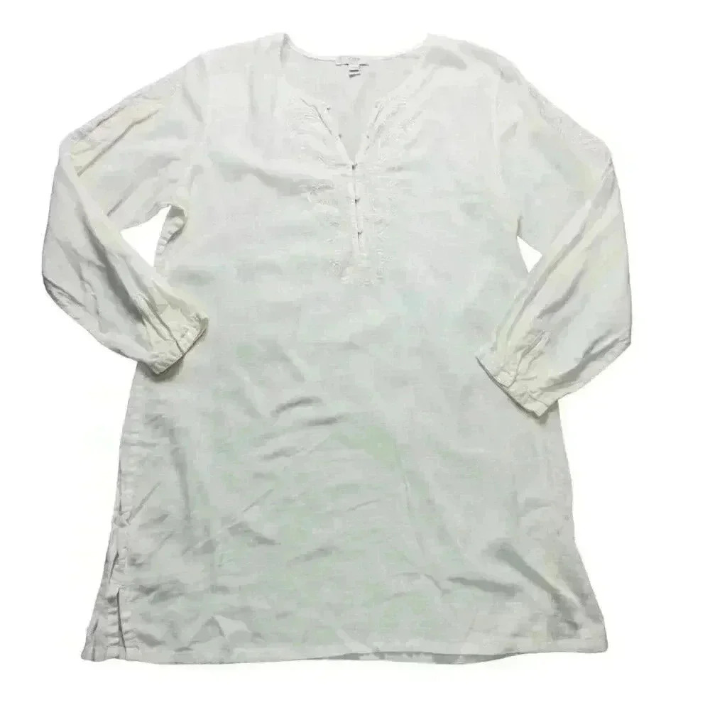 J. Crew Women's XS White Embroidered Tunic Top Long Sleeve Blouse